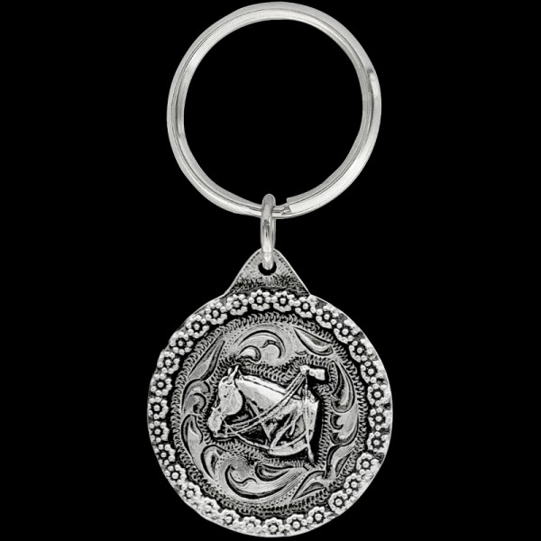 Vaquero Keychain, Commemorate your champion steed with our new keychain! This item includes a detailed berry border, a 3D horse head figure, and a key ring attachment